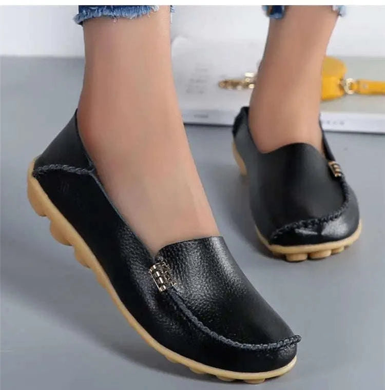 Genuine Leather Women Flats Retro Moccasins-Beige / 36