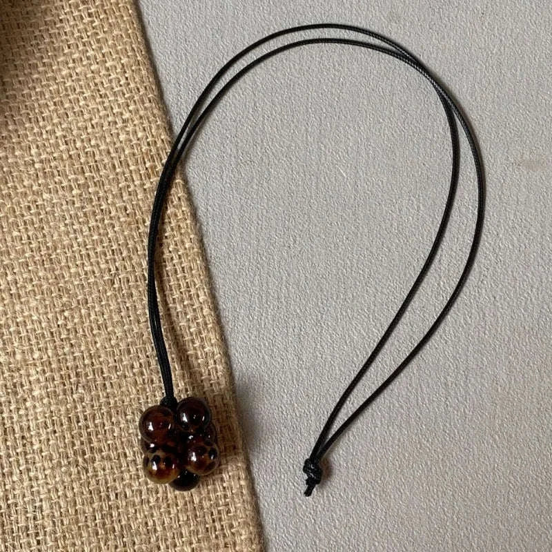 Geometric Beaded Pendant Necklace for Women – Trendy Long Cord-Leopard Print