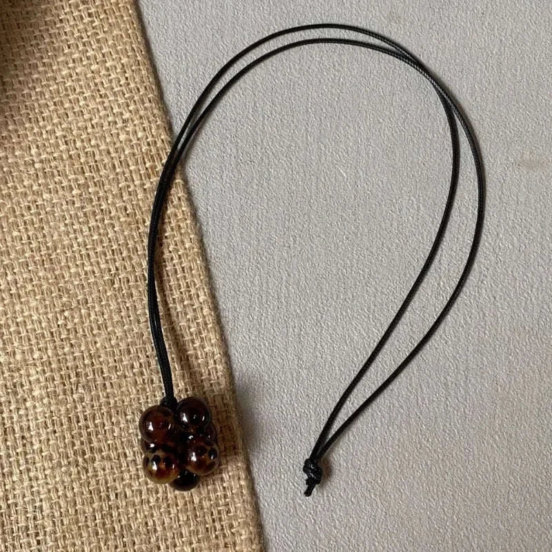 Geometric Beaded Pendant Necklace for Women – Trendy Long Cord-Leopard Print
