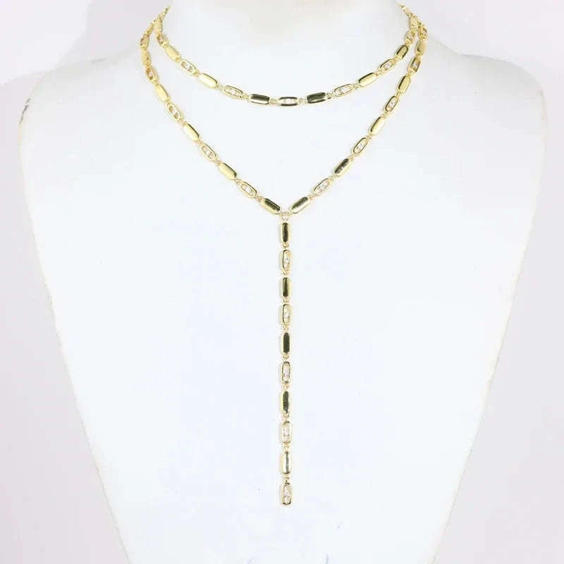 Geometric CZ Tennis Chain Y Lariat Necklace for Women – Elegant Choker Style-N482 gold