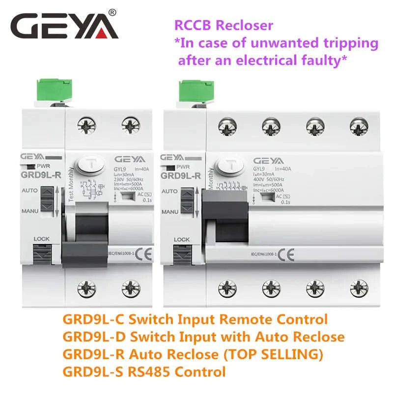 GEYA GRD9L‑R Automatic Reclosing RCD Circuit Breaker-RCCB-2P-40A-30mA / spain / GRD9L-R-AC220V