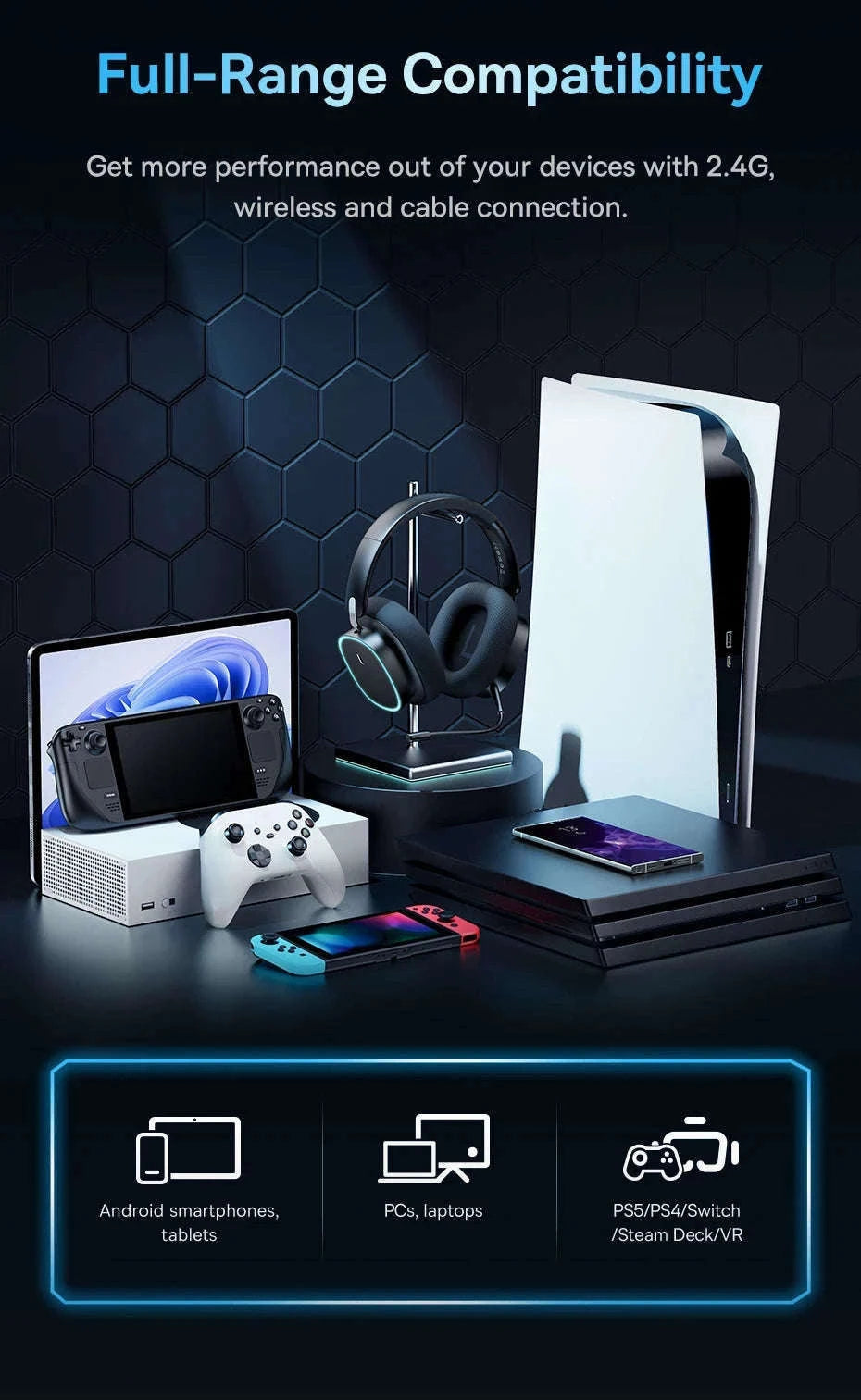 GH02 Gaming Wireless Headphone with Mic, Bluetooth 5.3, 40mm Driver, 2.4G/Wireless/Wired, RGB-Black / spain