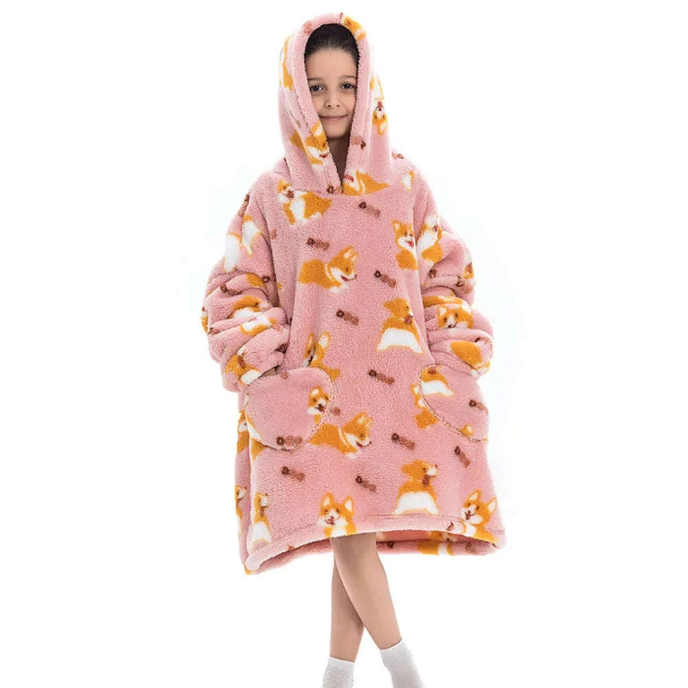 Girls Flannel Hoodie Blanket – Ultra-Cozy Winter Wear-FH130 / 1pc-Kid Free Size