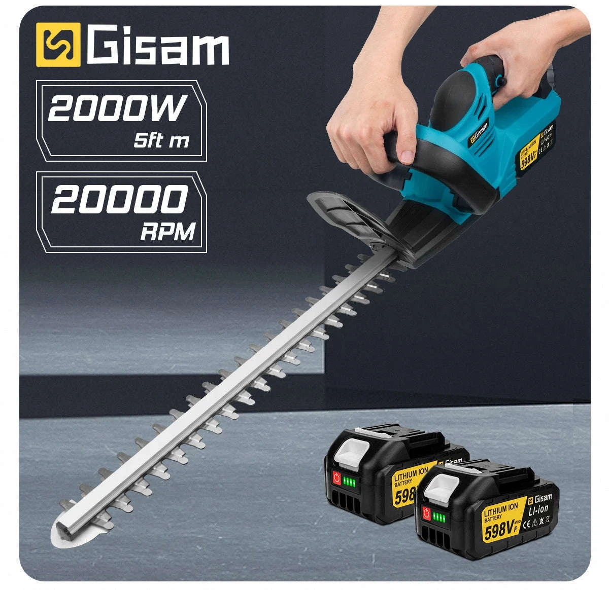 Gisam Brushless Electric Hedge Trimmer 20000RPM Cordless 510mm-0 Battery Set / GERMANY