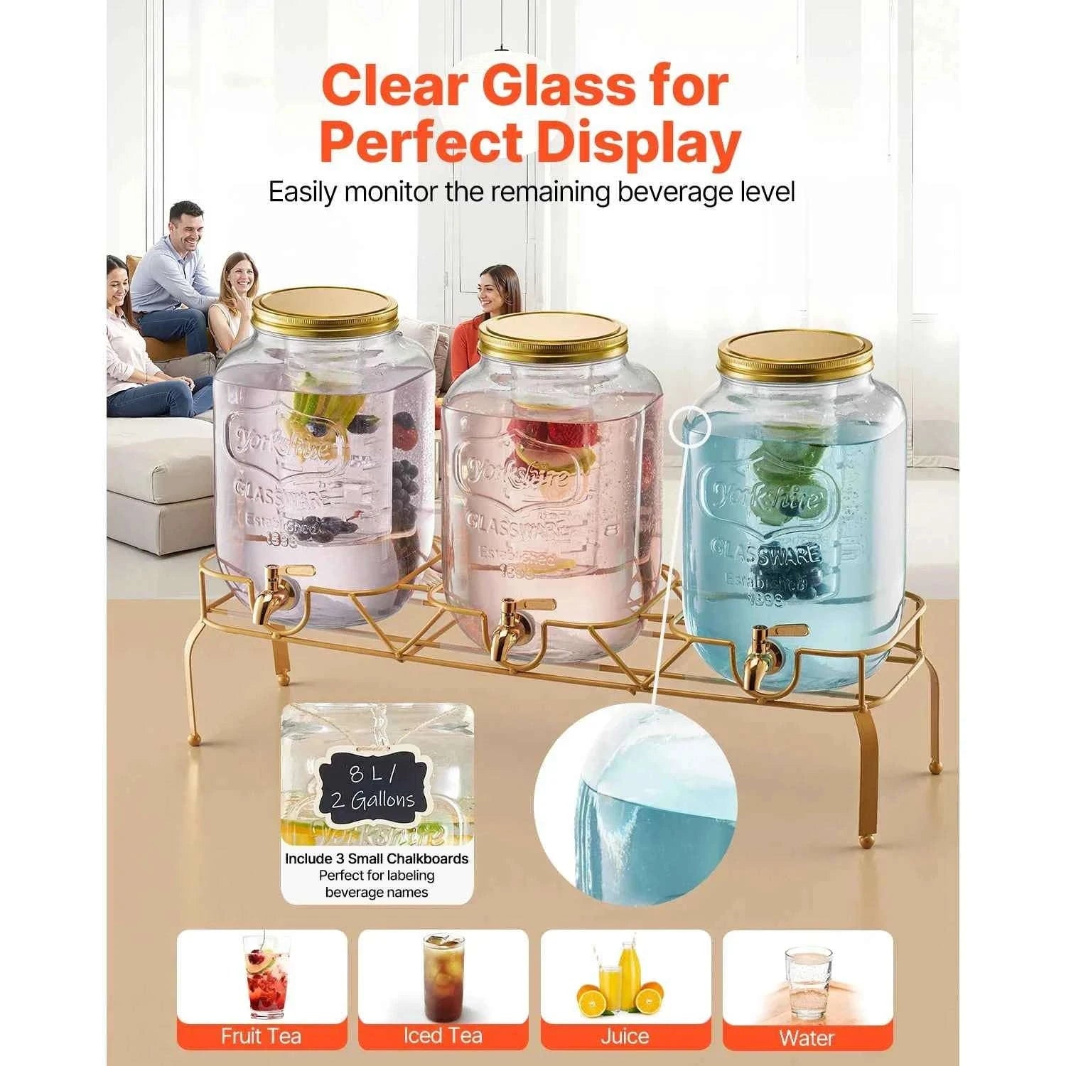 Glass Beverage Dispenser with Metal Stand-3x2gal / United States