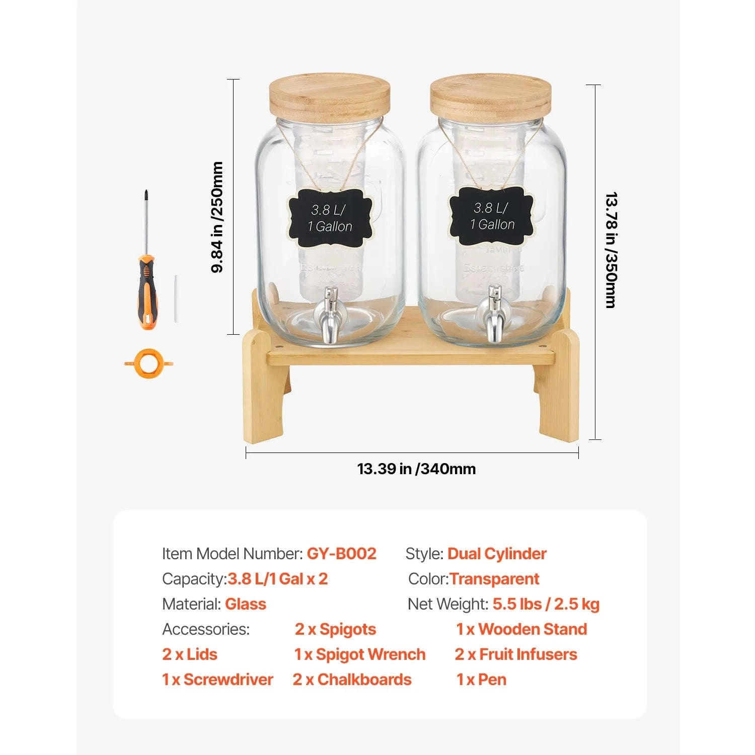 Glass Beverage Dispenser with Wood Stand and Spigot-2x2gal / United States