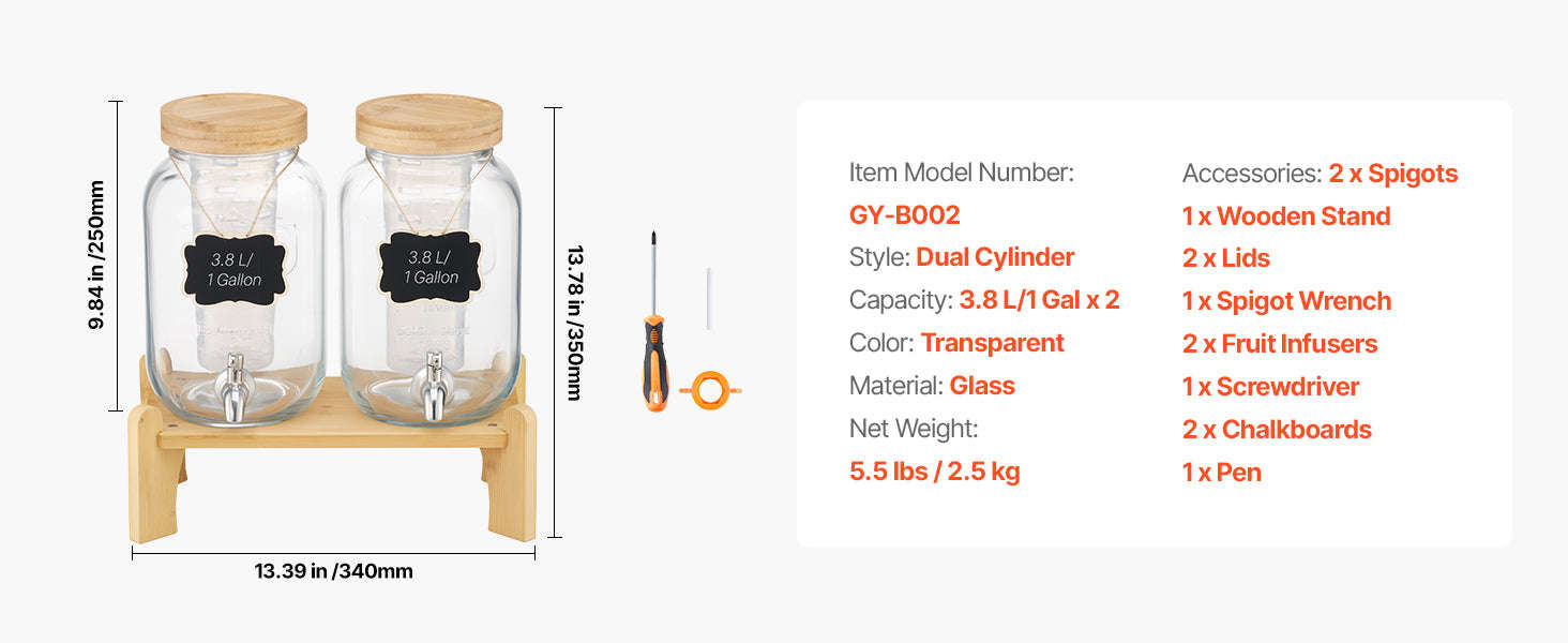 Glass Beverage Dispenser with Wood Stand and Spigot-2x2gal / United States