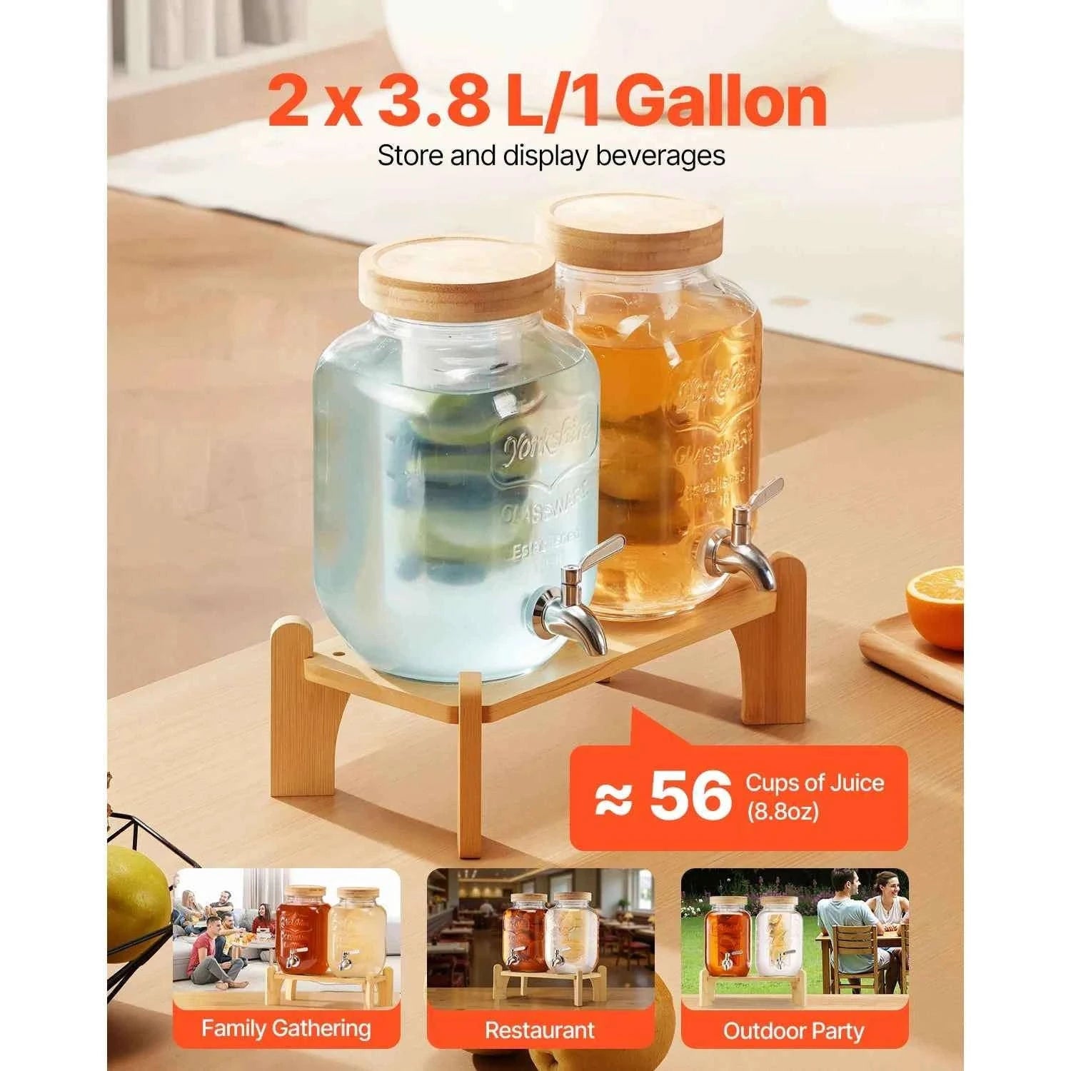 Glass Beverage Dispenser with Wood Stand and Spigot-2x2gal / United States