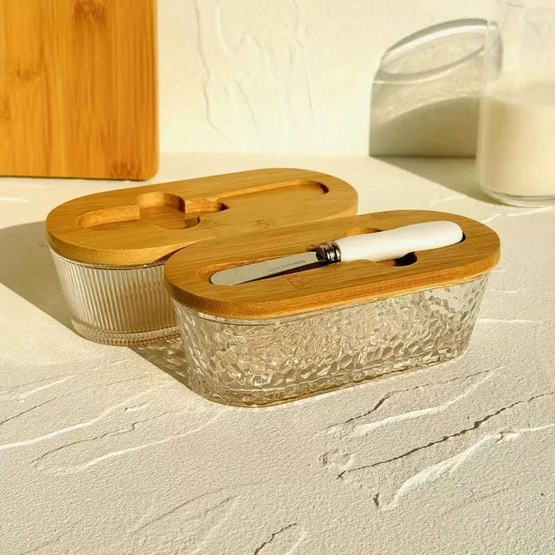 Glass Butter Dish Set with Sealed Lid-United States / Wavy Pattern
