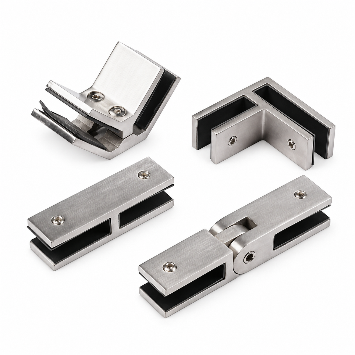 Four stainless steel glass clamp brackets on white