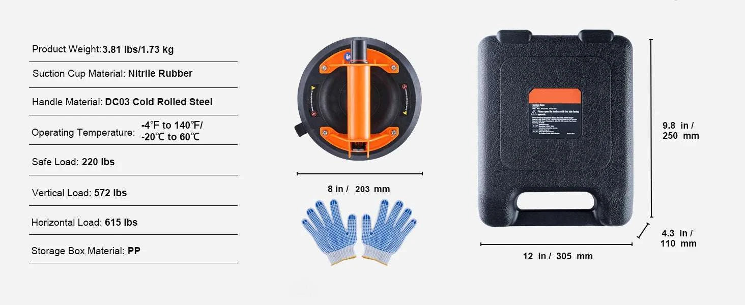 Glass Vacuum Suction Cup Lifter with Handle & Carry Case (8"/10")-1pc 8in Metal / UNITED KINGDOM
