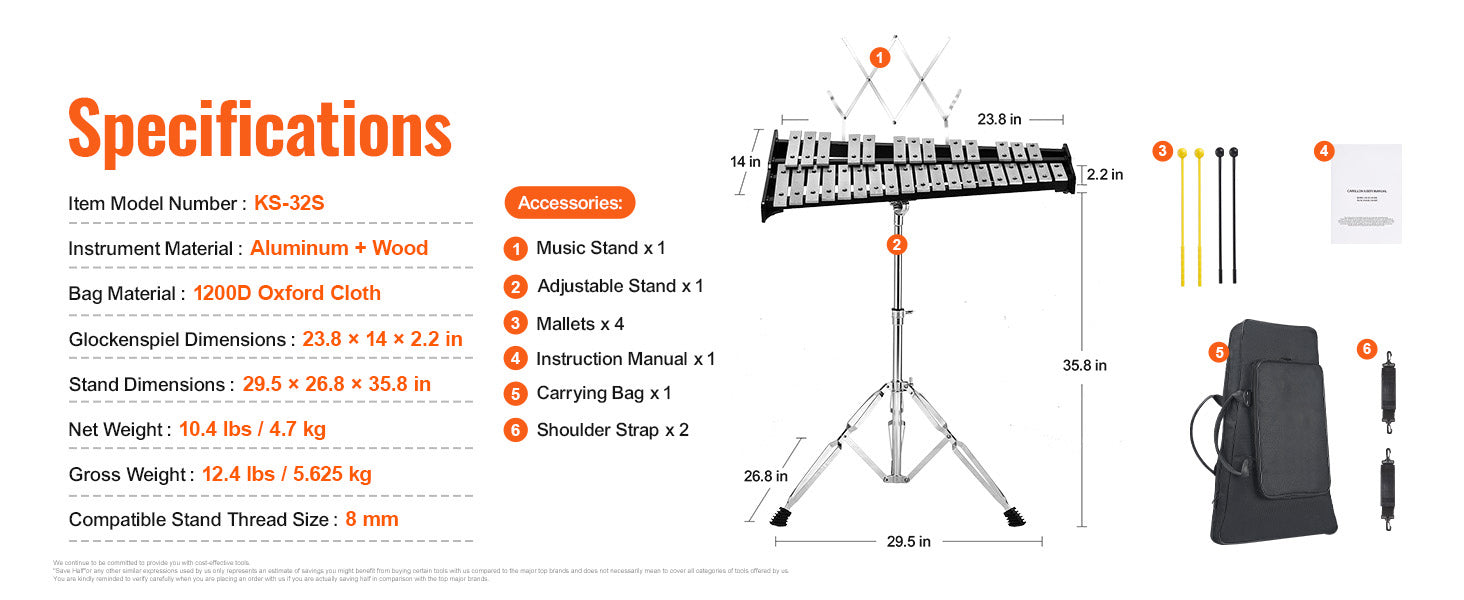 32 Note Glockenspiel Xylophone Kit with Stand, Mallets & Bag