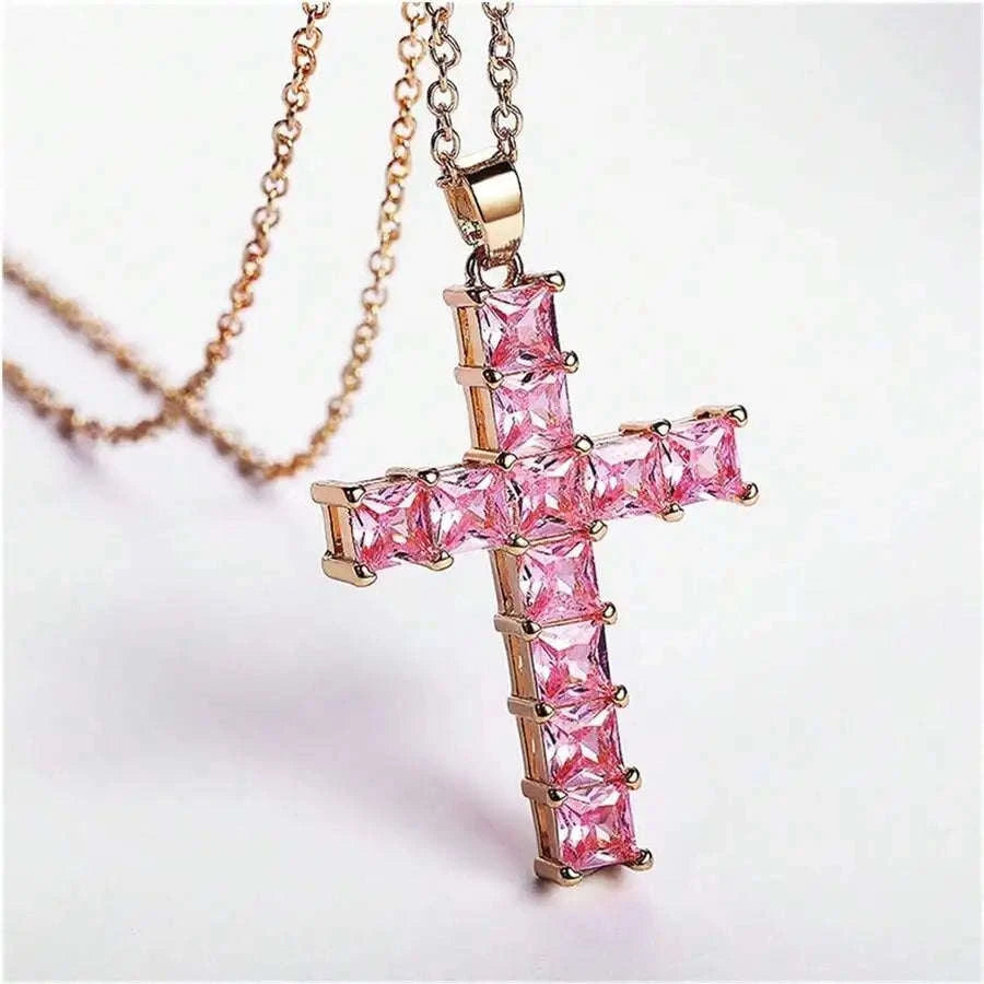 Gold Cross Pendant Necklace with Multi‑Color Crystal Charm-Sliver White