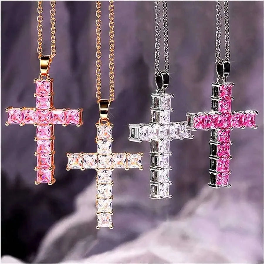 Gold Cross Pendant Necklace with Multi‑Color Crystal Charm-Sliver White