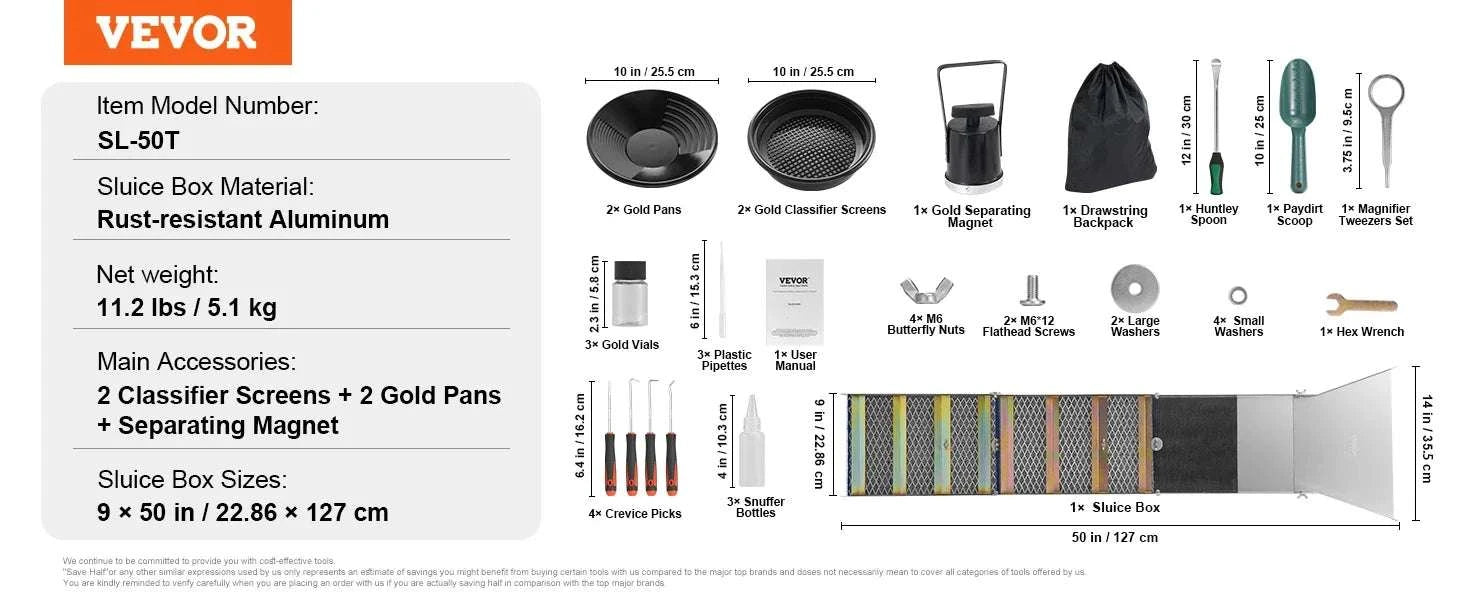 Gold Panning Kit with Mini Sluice Box 16–23 PCS Aluminum Set-United States / 50In 23PCS