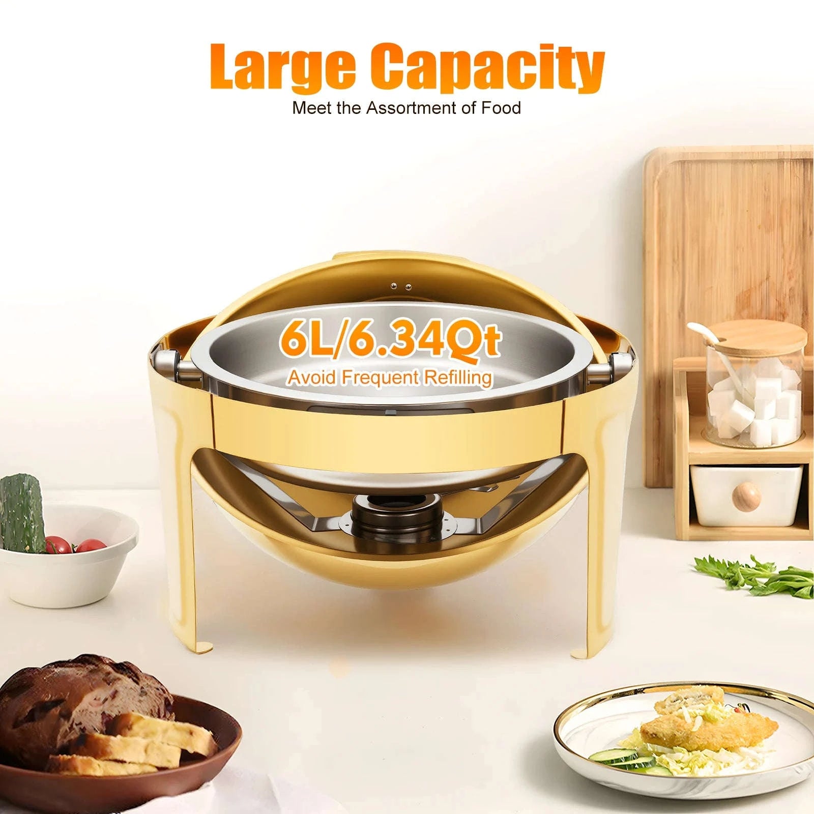 Gold Round Roll Top Chafing Dish 6L Stainless Steel Buffet Warmer with Visual Lid-Gold / United States