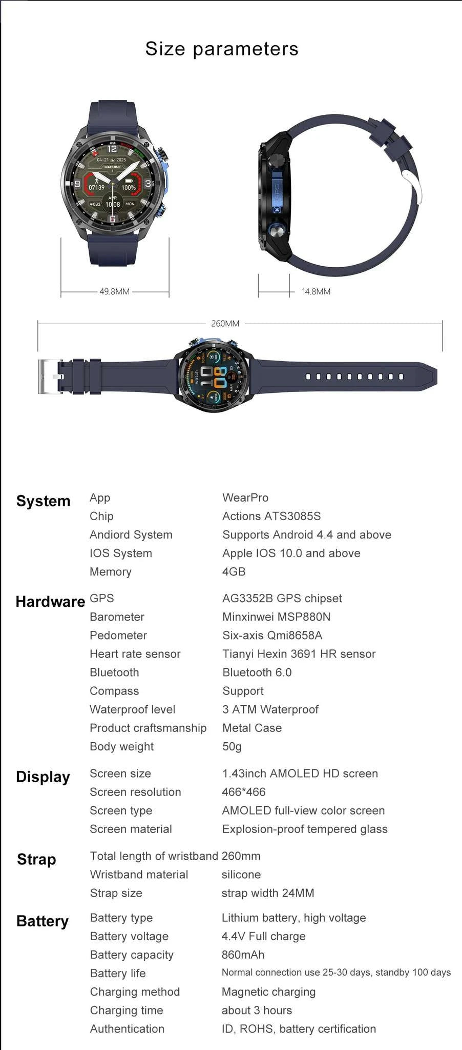 GPS Smartwatch with Offline Maps, AMOLED Display & 4GB Memory-Black Mesh Belt 2A / 1000mAh offline map