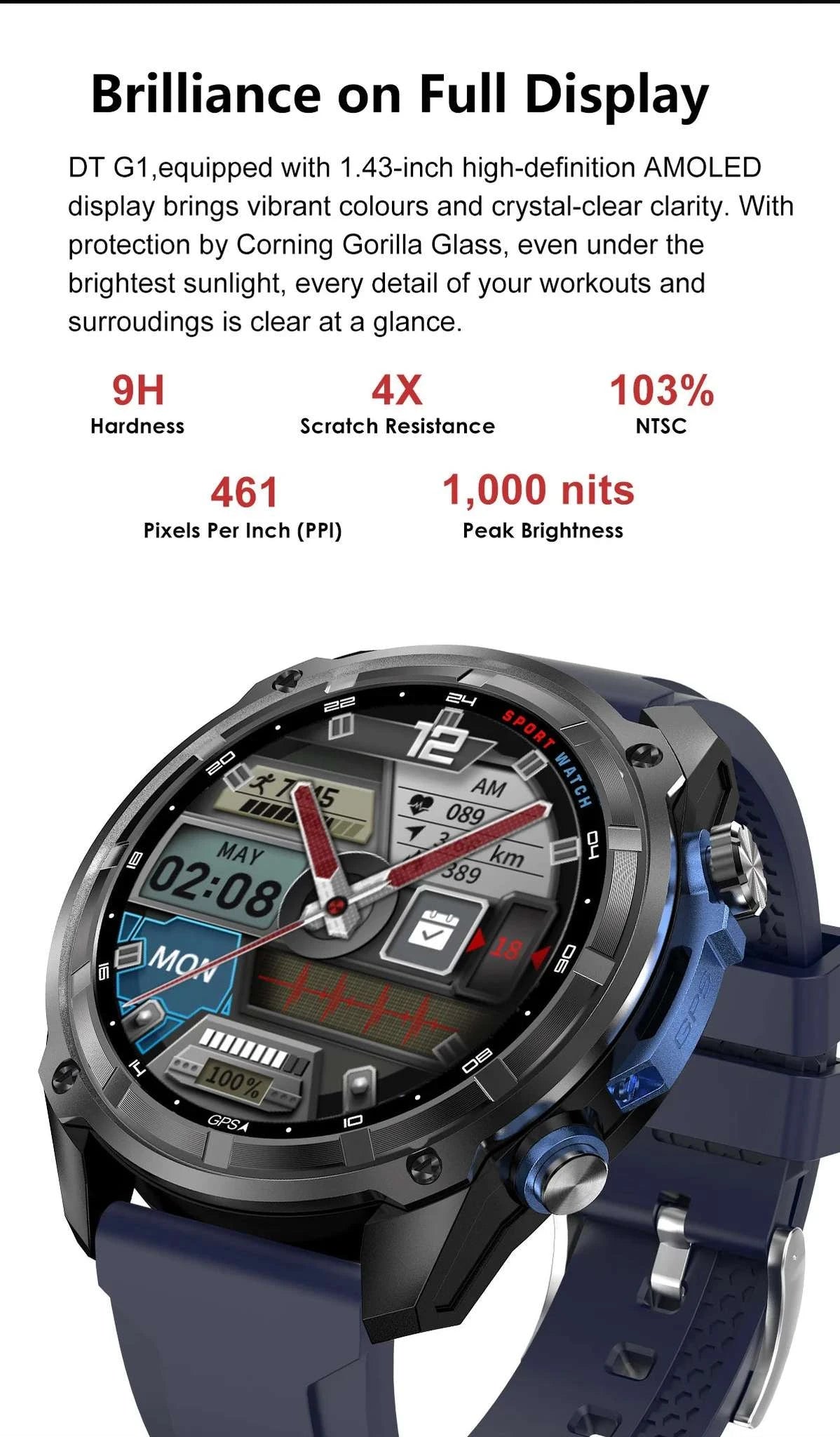 GPS Smartwatch with Offline Maps, AMOLED Display & 4GB Memory-Black Mesh Belt 2A / 1000mAh offline map