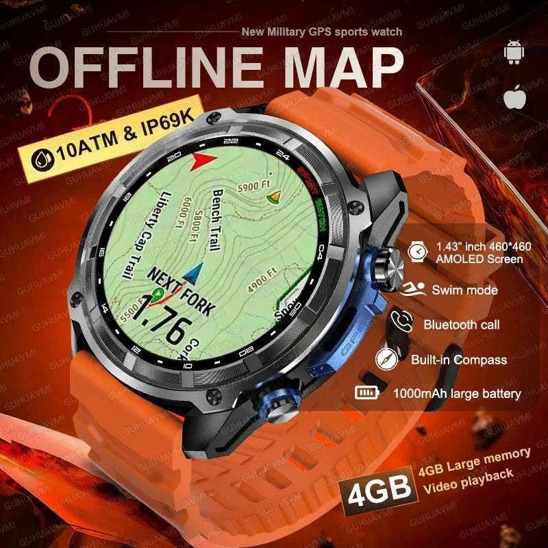 GPS Smartwatch with Offline Maps, AMOLED Display & 4GB Memory-Black Mesh Belt 2A / 1000mAh offline map
