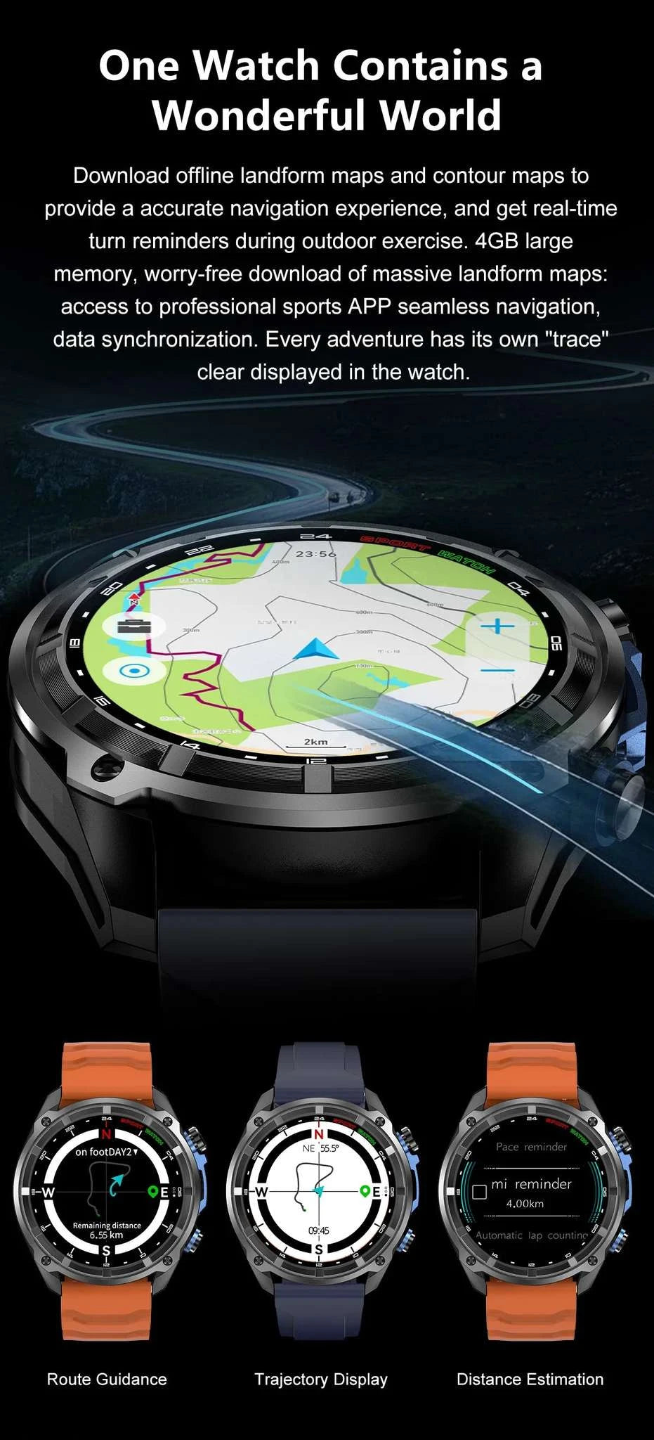 GPS Smartwatch with Offline Maps, AMOLED Display & 4GB Memory-Black Mesh Belt 2A / 1000mAh offline map
