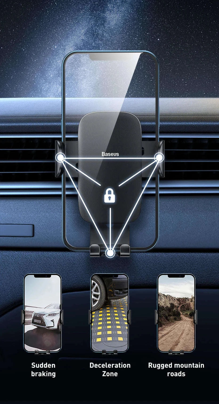 Gravity Car Phone Holder Air Vent Mount for 4.7–6.5 Inch Phones-Air Vent Black
