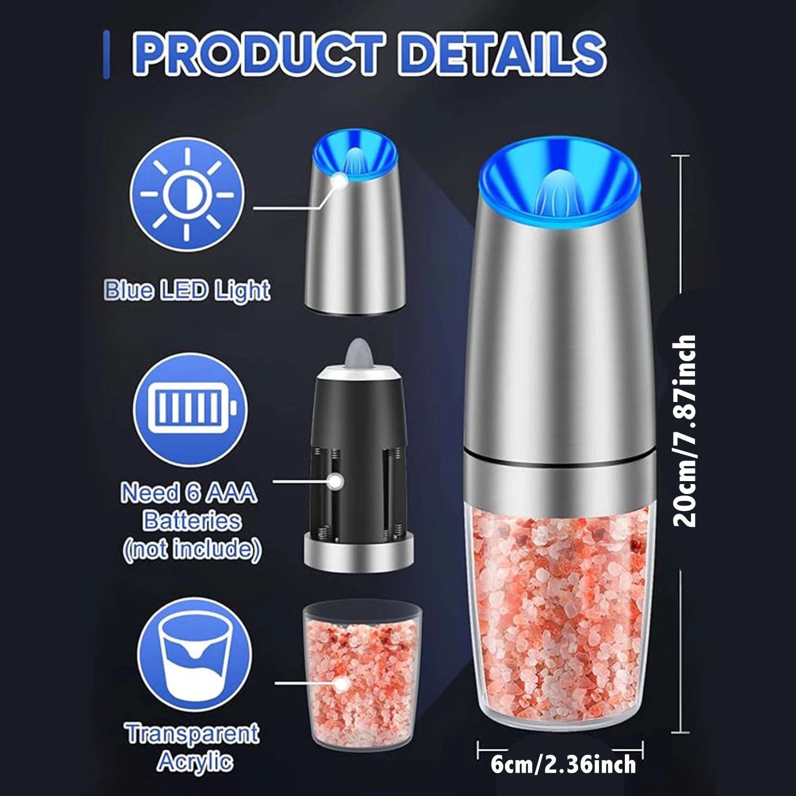 Gravity Electric Salt and Pepper Grinder with LED Light, One-Hand Operation-1pc / United States