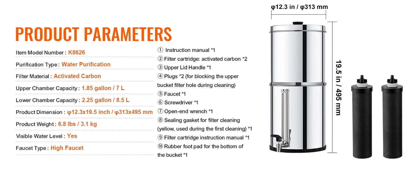 Gravity-Fed Stainless Steel Water Filter System with 2 Carbon Filters-2.25 gallon / france