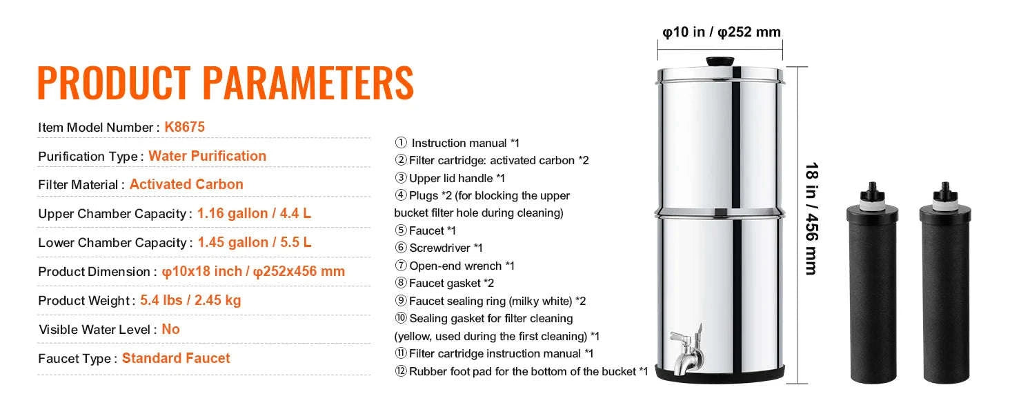 Gravity-Fed Stainless Steel Water Filter System with 2 Carbon Filters-2.25 gallon / france