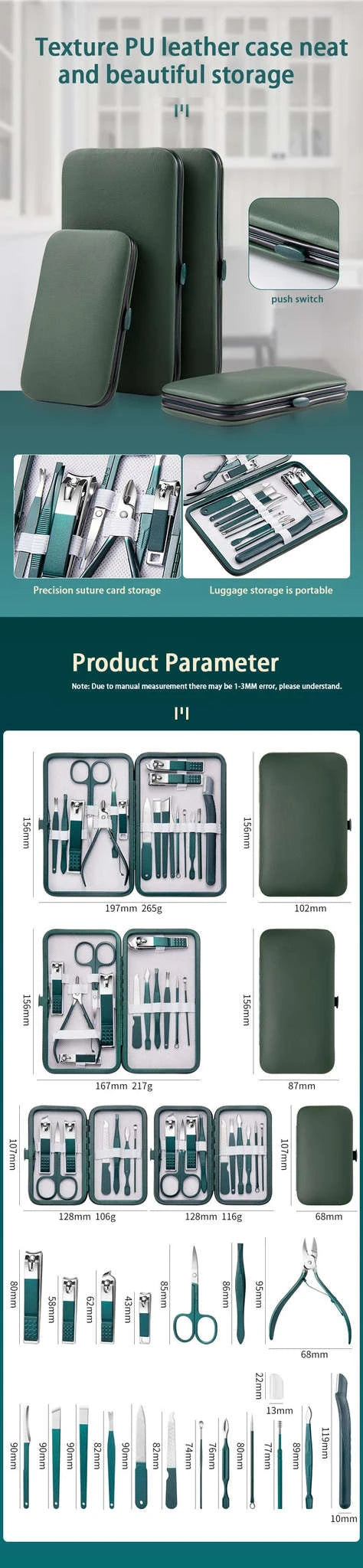 Green Manicure Set with Leather Case-18pcs set