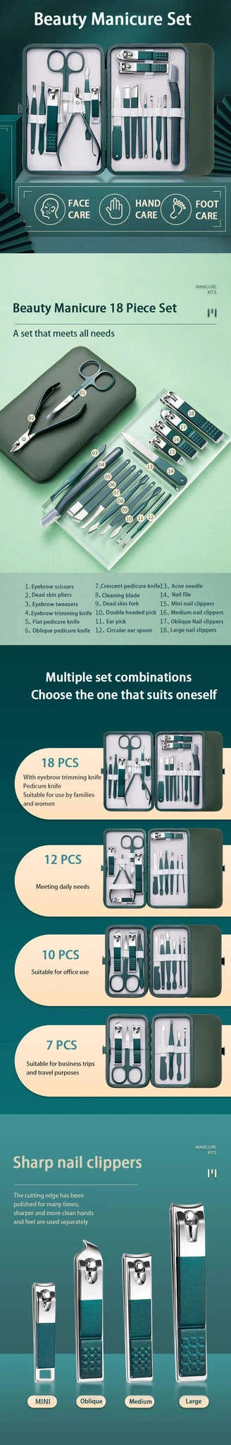 Green Manicure Set with Leather Case-18pcs set