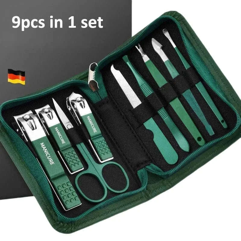 Green Manicure Set with Leather Case for Daily Grooming-18pcs set