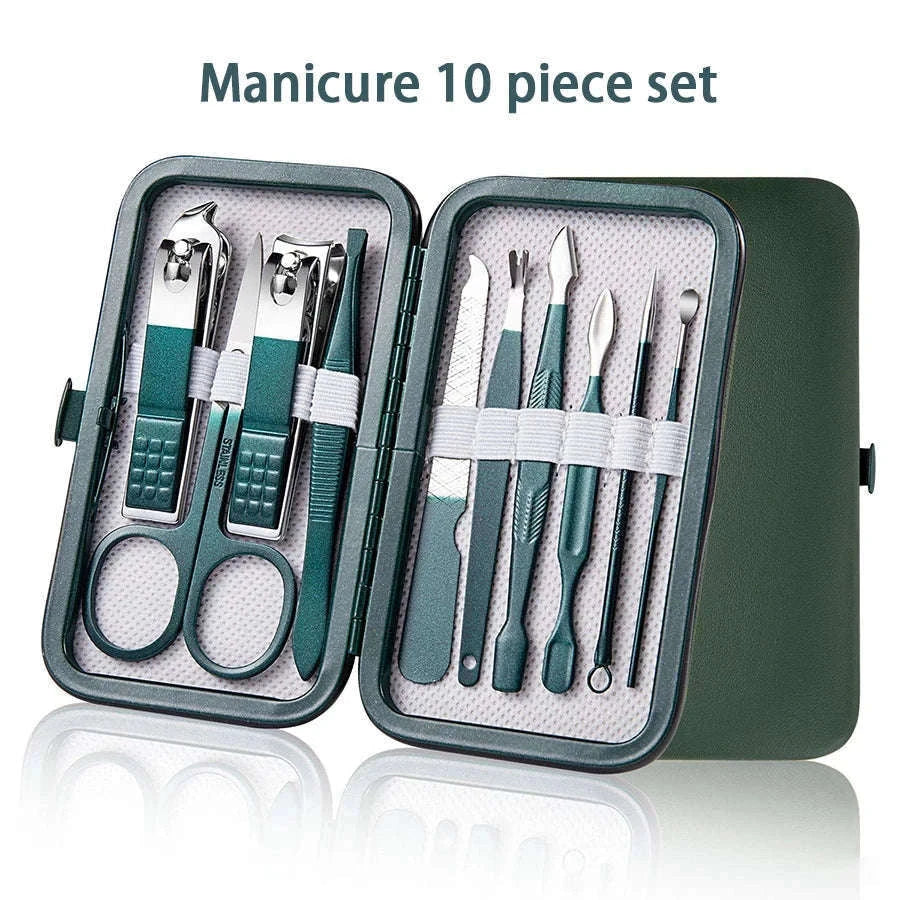 Green Manicure Set with Leather Case for Daily Grooming-18pcs set