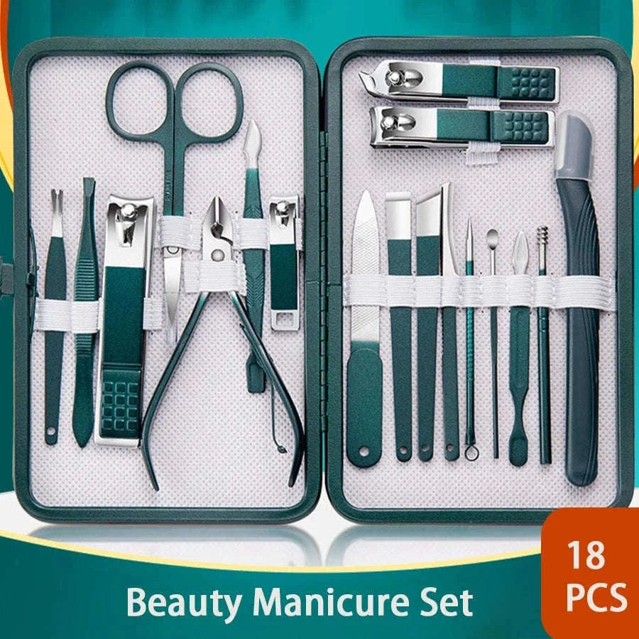 Green Manicure Set with Leather Case for Daily Grooming-18pcs set