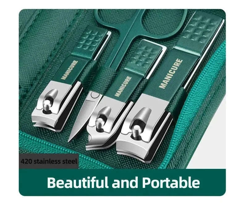 Green Manicure Set with Leather Case for Daily Grooming-18pcs set