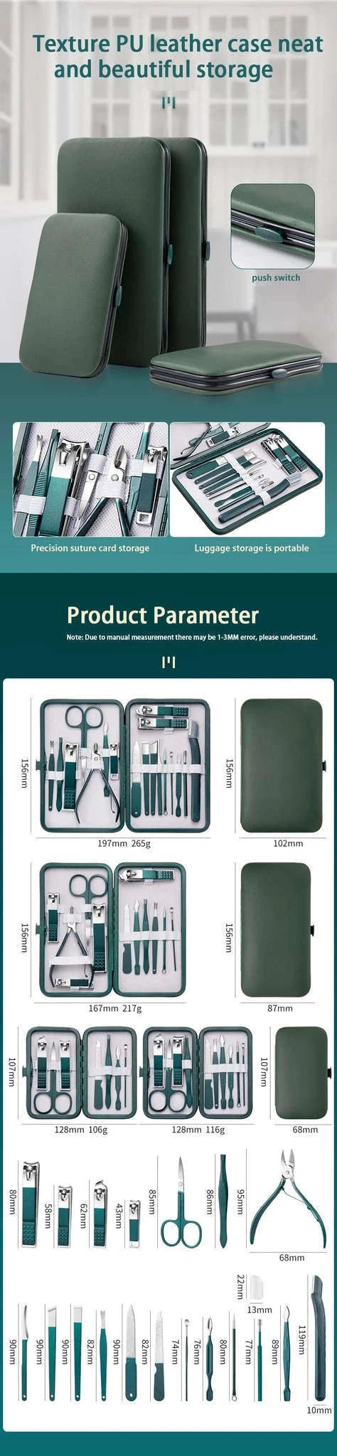 Green Manicure Set with Leather Case for Daily Grooming-18pcs set