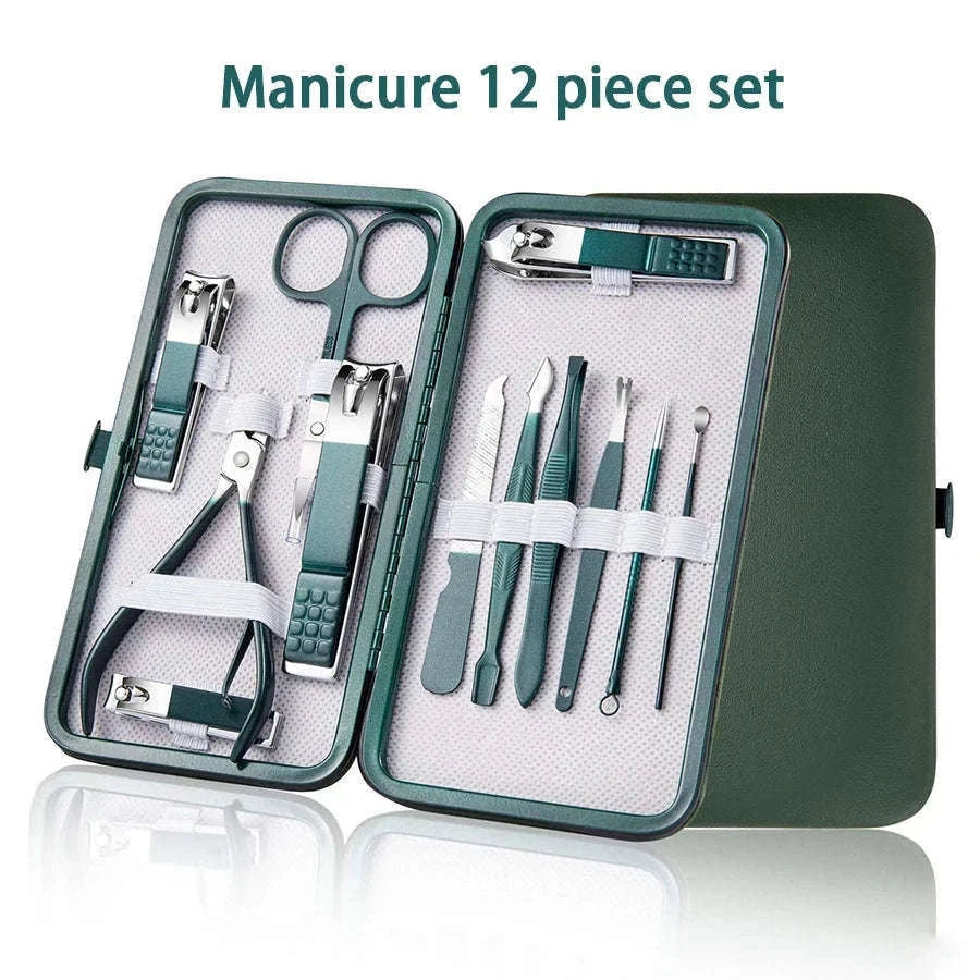 Green Manicure Set with Leather Case for Daily Grooming-18pcs set