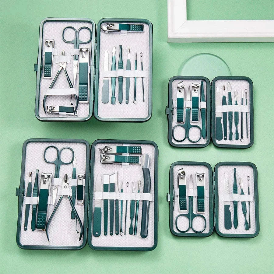 Green Manicure Set with Leather Case for Daily Grooming-18pcs set