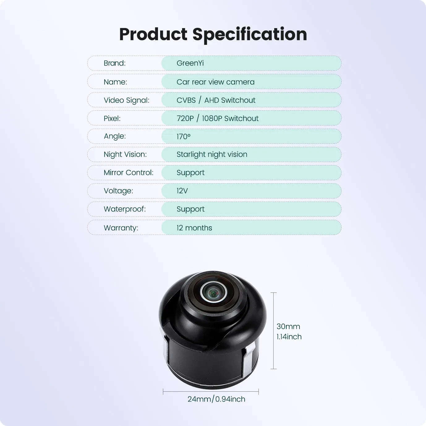 GreenYi AHD1080P Car Rear View Camera with 170° Fisheye Lens-AHD720P / Black