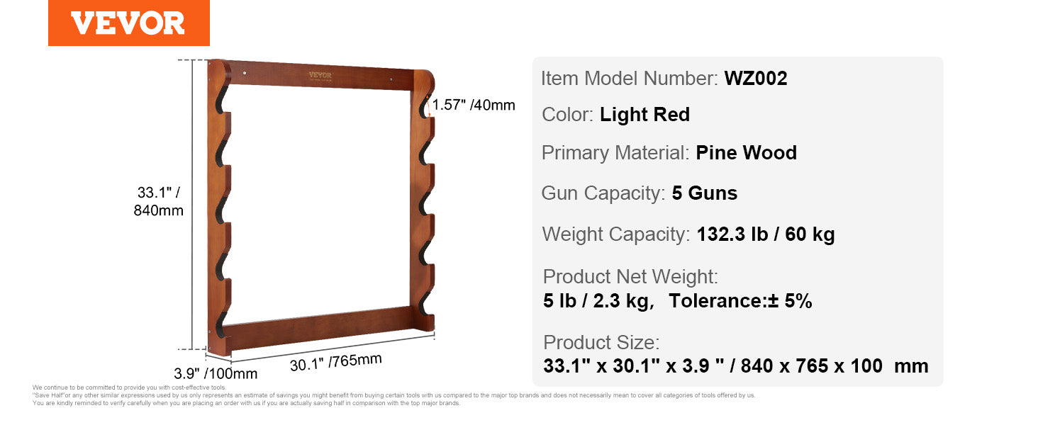 Wall Mounted Wooden Gun Rack with 5 Slots & 132 lb Capacity