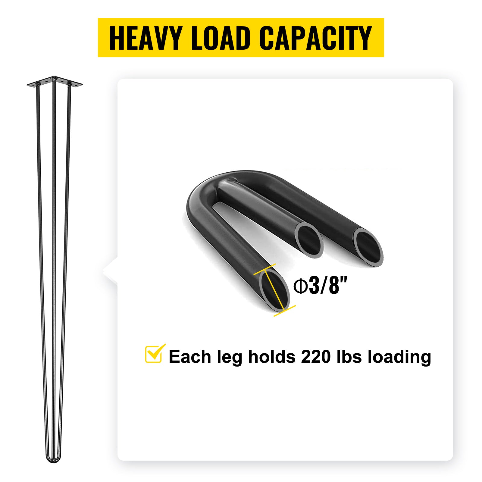 SucceBuy Hairpin Table Legs Black Set of 4 Desk Legs 3 Rods for Bench Desk Dining Chairs Carbon Steel DIY Heavy Duty Furniture