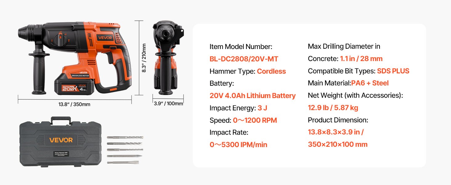 Cordless 20V SDS-Plus Rotary Hammer Drill 26mm with 4Ah Battery Kit