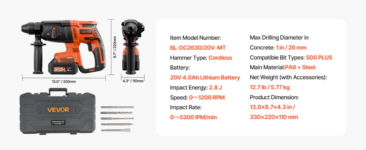 Cordless 20V SDS-Plus Rotary Hammer Drill 26mm with 4Ah Battery Kit