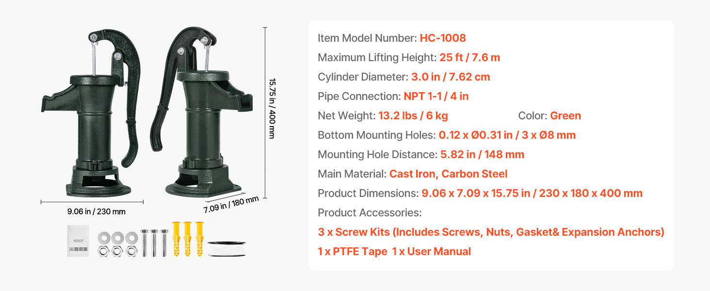 SucceBuy Handpump för kanna 25 ft maximal lyfthöjd gjutjärn NPT 1-1/4 in anslutning för trädgårdsdamm gård röd/svart/gul/grön