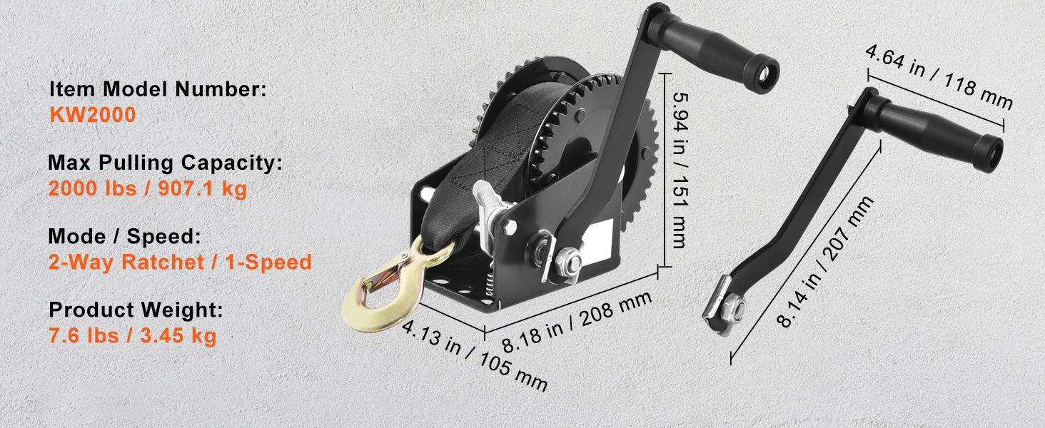 Tung handvev med rem och tvåvägsratchet (upp till 3500 lbs)