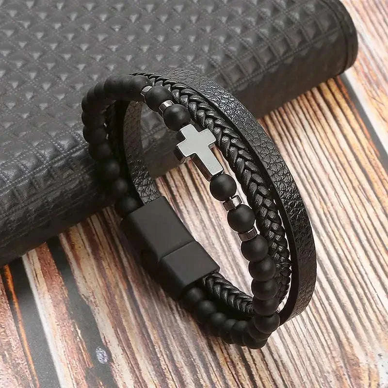 Hand-Woven Men's Leather Bracelet-L1 / 21cm