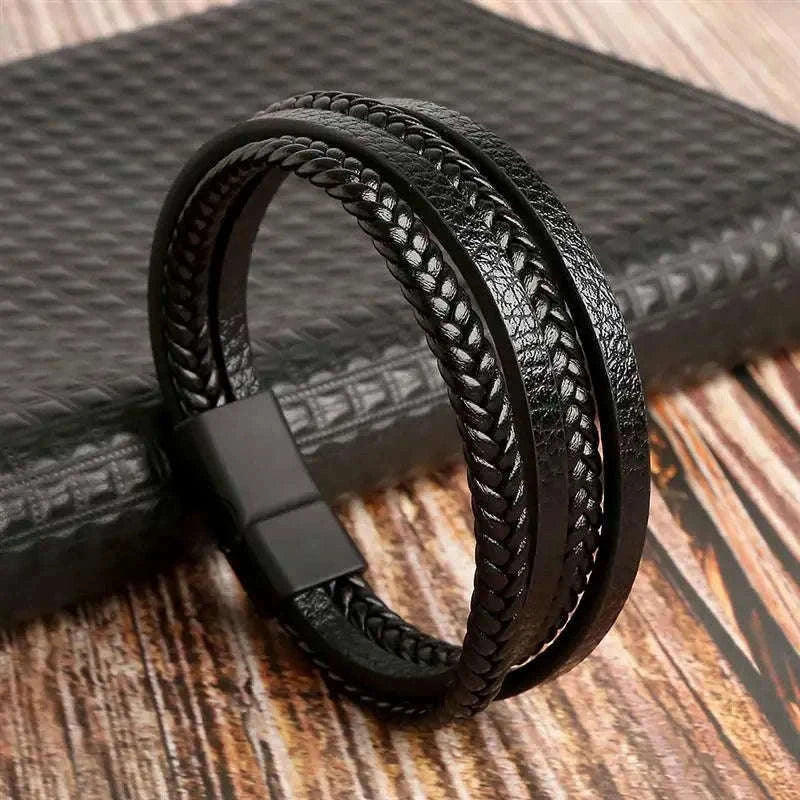 Hand-Woven Men's Leather Bracelet with Adjustable Fit-L1 / 21cm
