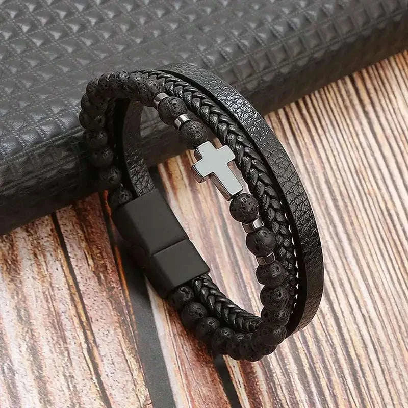 Hand-Woven Men's Leather Bracelet with Adjustable Fit-L1 / 21cm