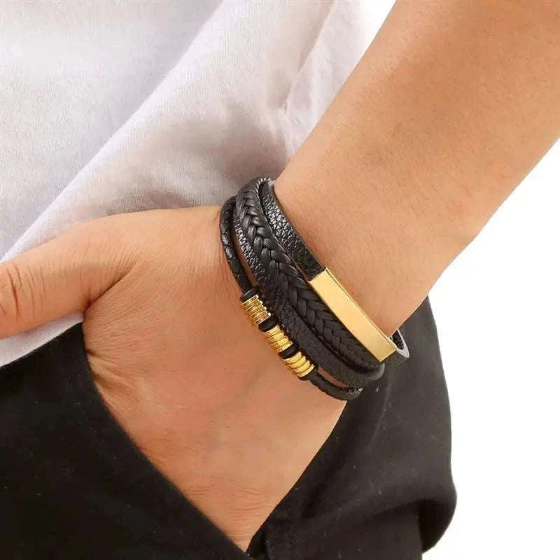 Hand-Woven Men's Leather Bracelet with Adjustable Fit-L1 / 21cm