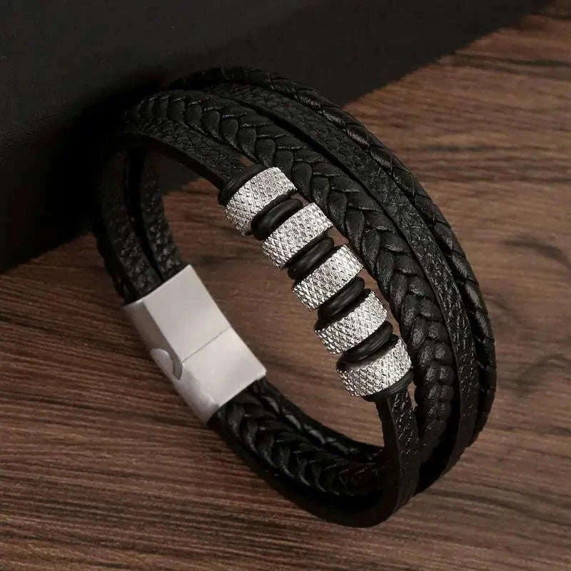 Hand-Woven Men's Leather Bracelet with Adjustable Fit-L1 / 21cm