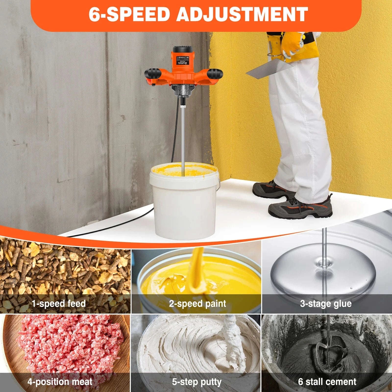 Handheld Paint Concrete Mixer Machine with Adjustable 6-Speed Paddle-Orange / GERMANY